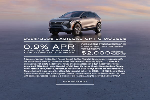 2025 and 2026 Cadillac OPTIQ. 0.9% APR plus $2,000 purchase allowance.